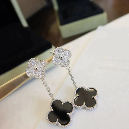 Miro CLOVER 2 MOTIFS  DIAMOND ONYX EARRINGS SILVER