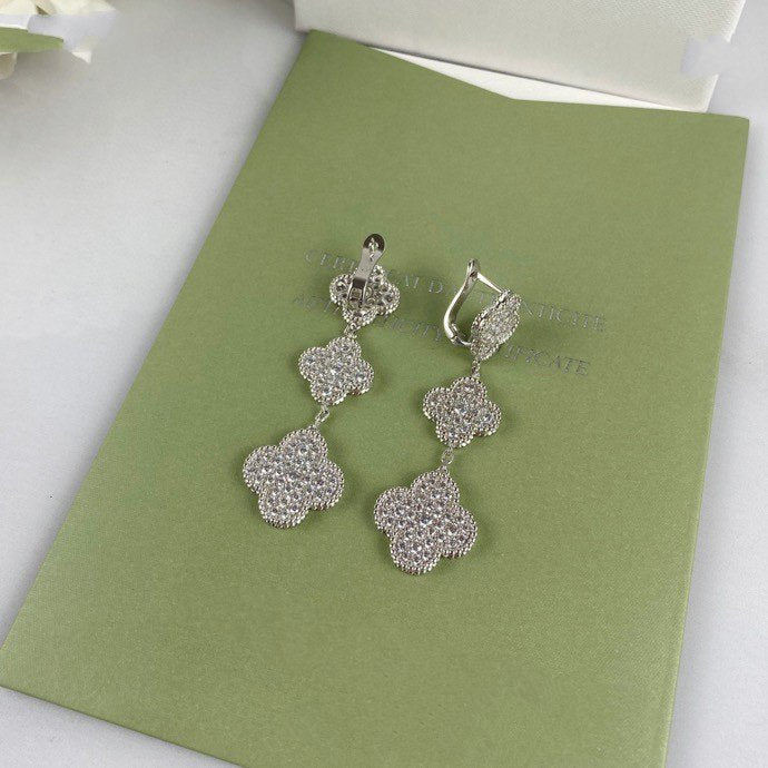 Miro CLOVER 3 MOTIF DIAMOND SILVER DROP EARRINGS