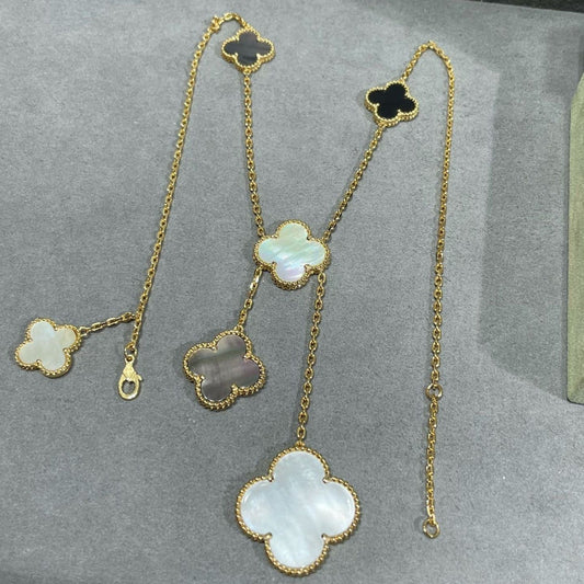 Miro CLOVER 6 MOTIF MOP ONYX GOLD NECKLACE