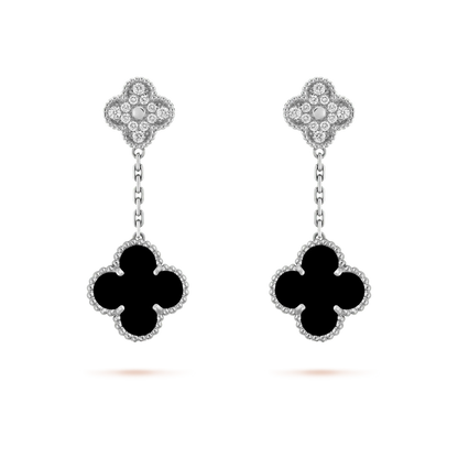Miro CLOVER 2 MOTIFS  DIAMOND ONYX EARRINGS SILVER